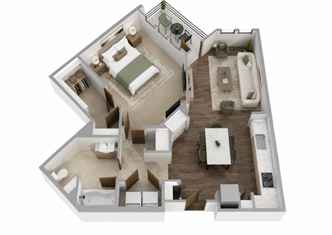 Floor plan for 1 bed, 1 bath, 956 sqft